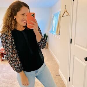 Rebecca Taylor La Vie Black Floral Long Sleeve Blouse Small